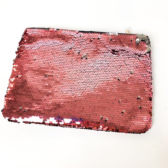 NEW NORDSTROM ROSE ALL DAY reversible sequin pink silver case clutch - Picture 3 of 4